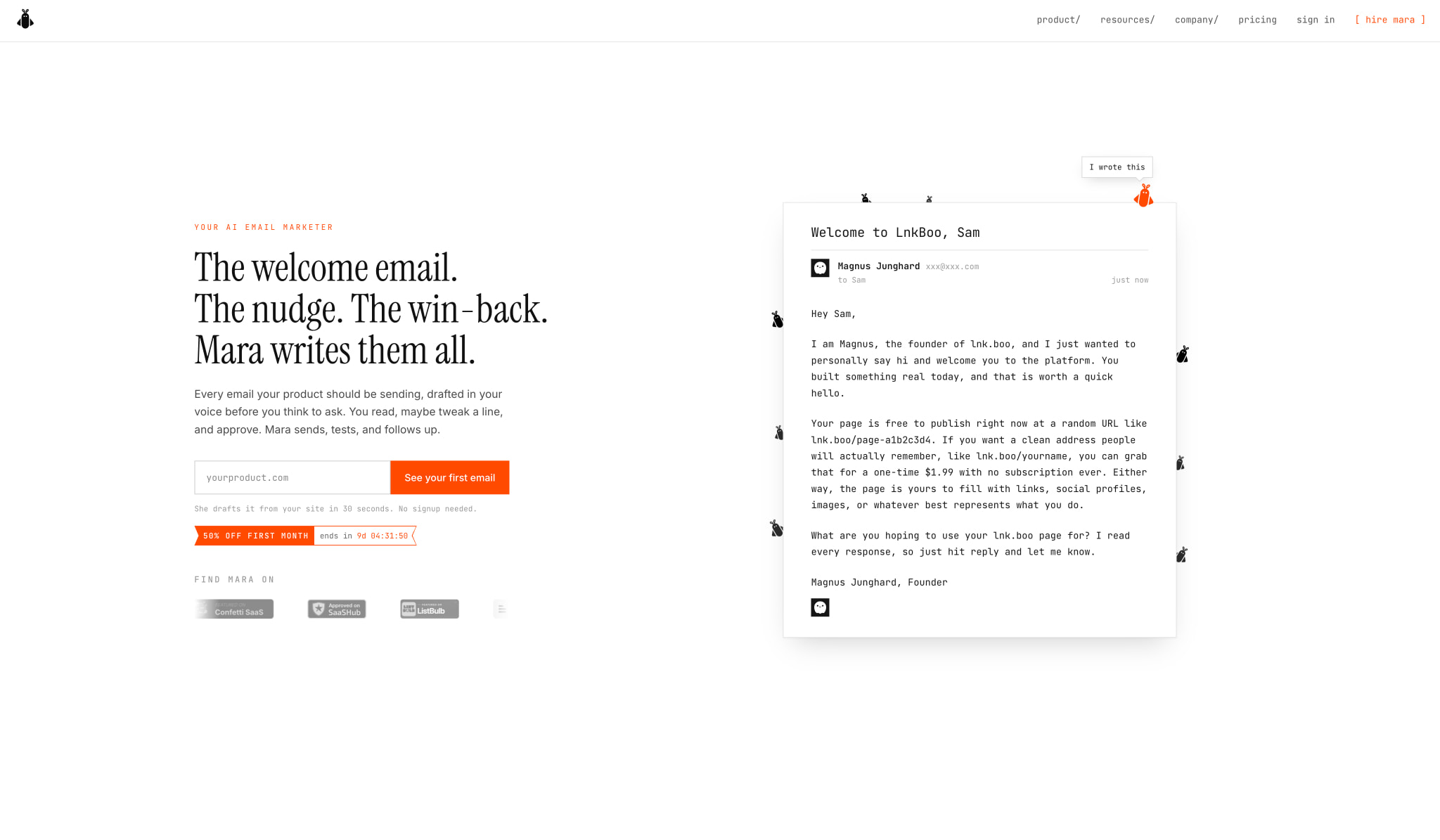 Hero section with dark serif display type, email preview card with monospace body text, and orange accent CTA button captured website design