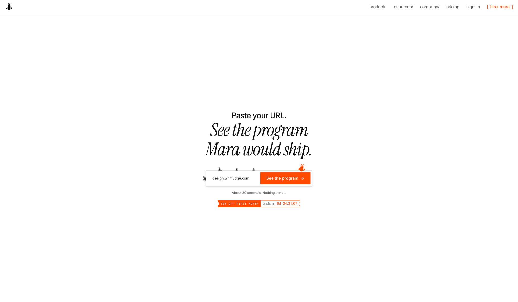 Centered URL input page with italic serif headline, orange primary button, and promotional countdown timer badge captured website design