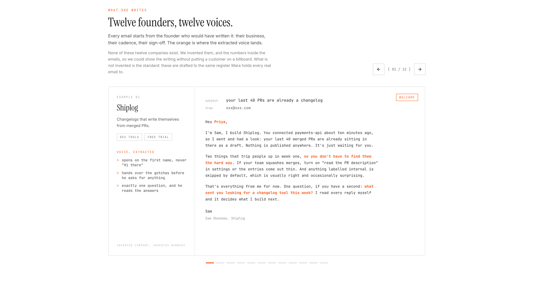 Email example carousel showing a ShipLog welcome email with extracted voice traits and orange highlighted text in a split-panel layout captured website design