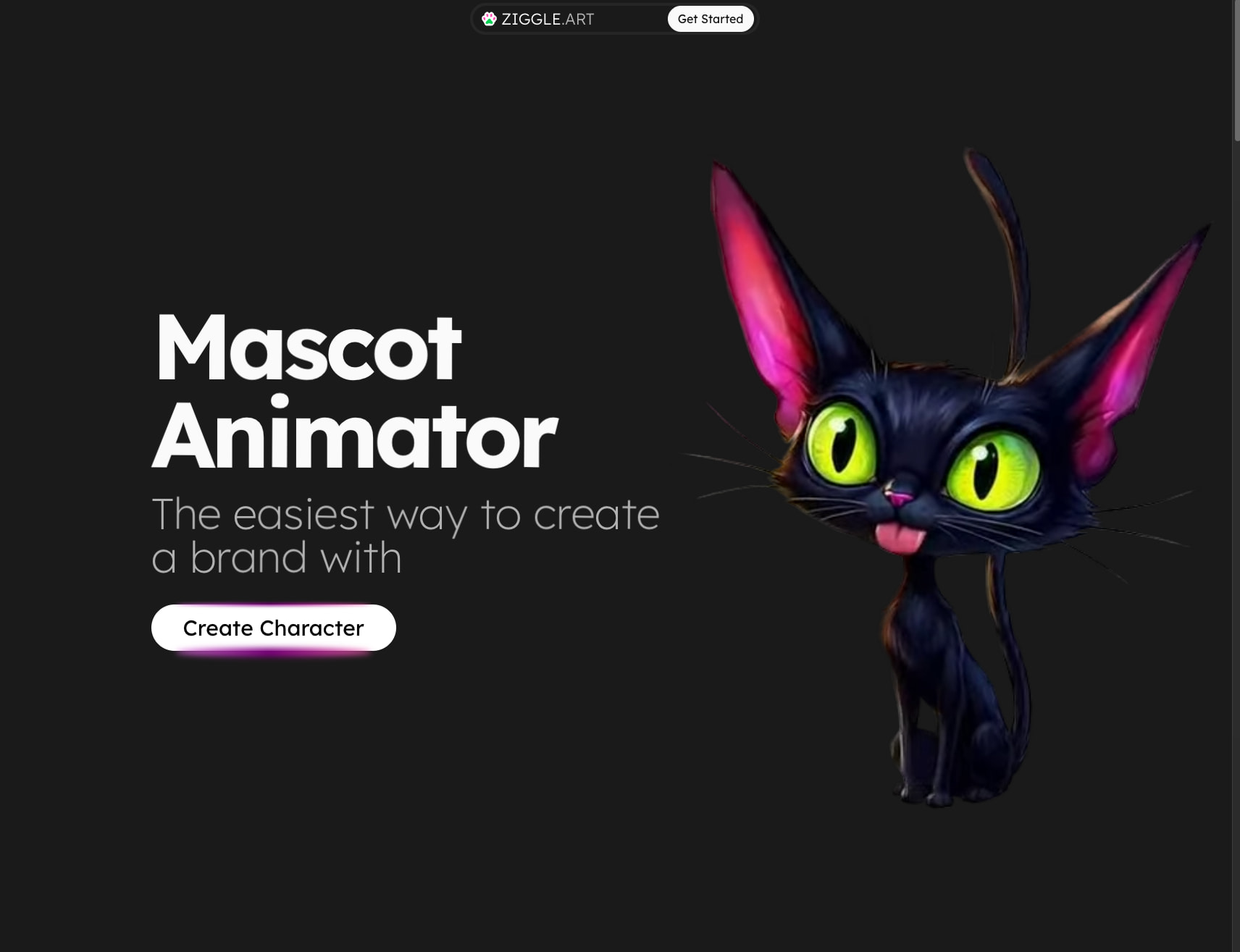 Hero section featuring large display typography with black cat mascot and primary call-to-action button on near-black canvas captured website design