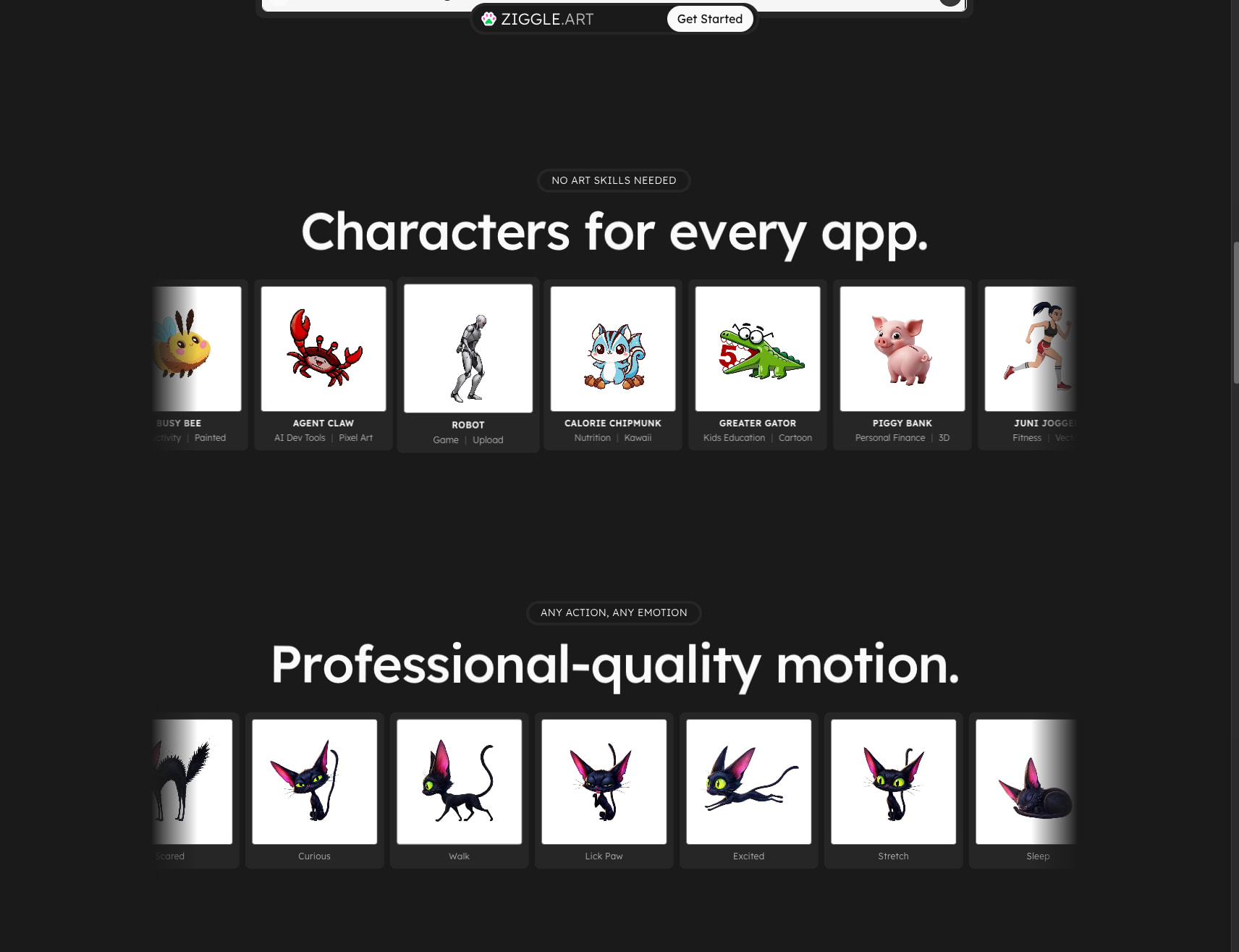 Character showcase sections with horizontal card grids displaying animated mascots on dark background with pill-shaped category labels captured website design