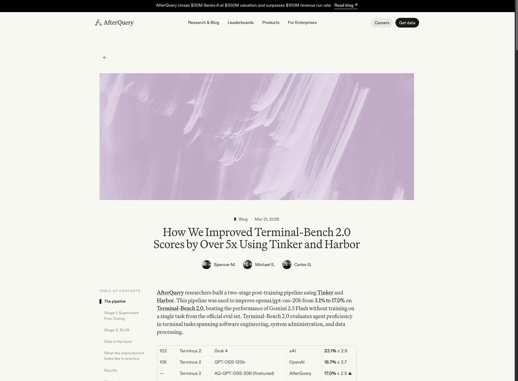 How We Improved Terminal-Bench 2.0 Scores by Over 5x Using Tinker and Harbor - AfterQuery captured website design