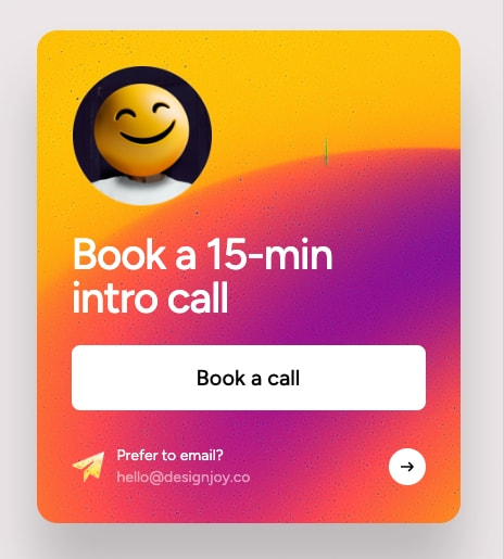 Vibrant orange-to-purple gradient card with 3D smiley avatar, white CTA button, and email contact option captured website design