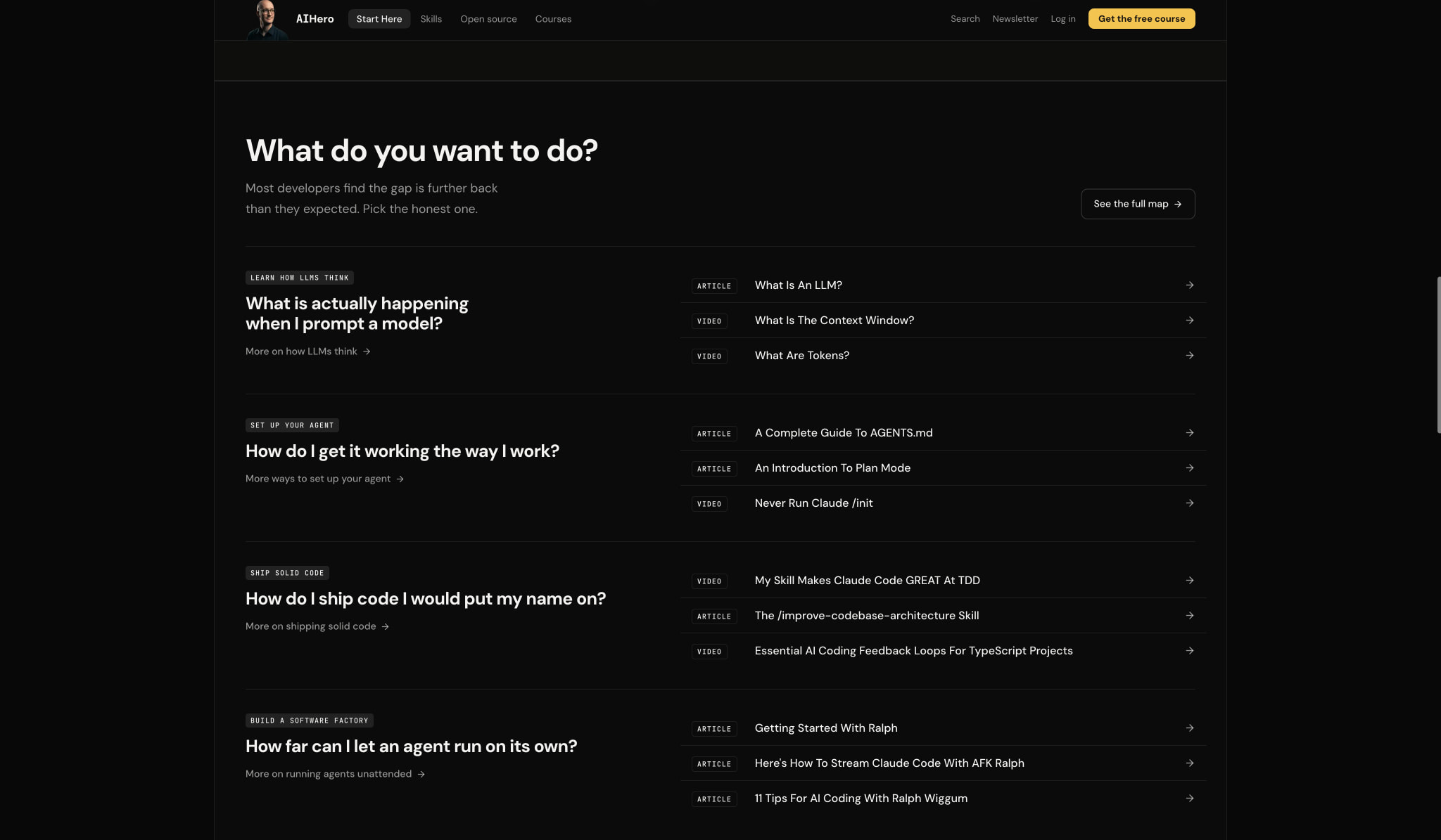 Dark topic index with stacked row groups, thin dividers, and right-arrow links captured website design