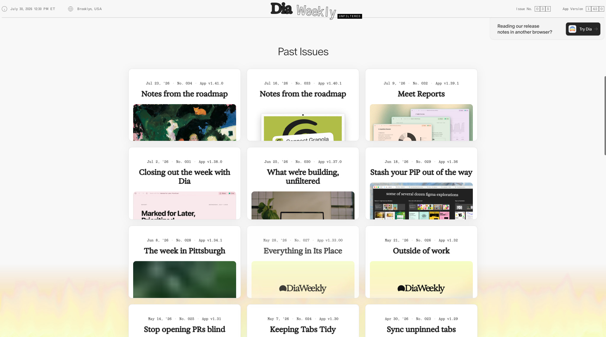 Archive grid of white cards with bold issue titles and tiny metadata captured website design