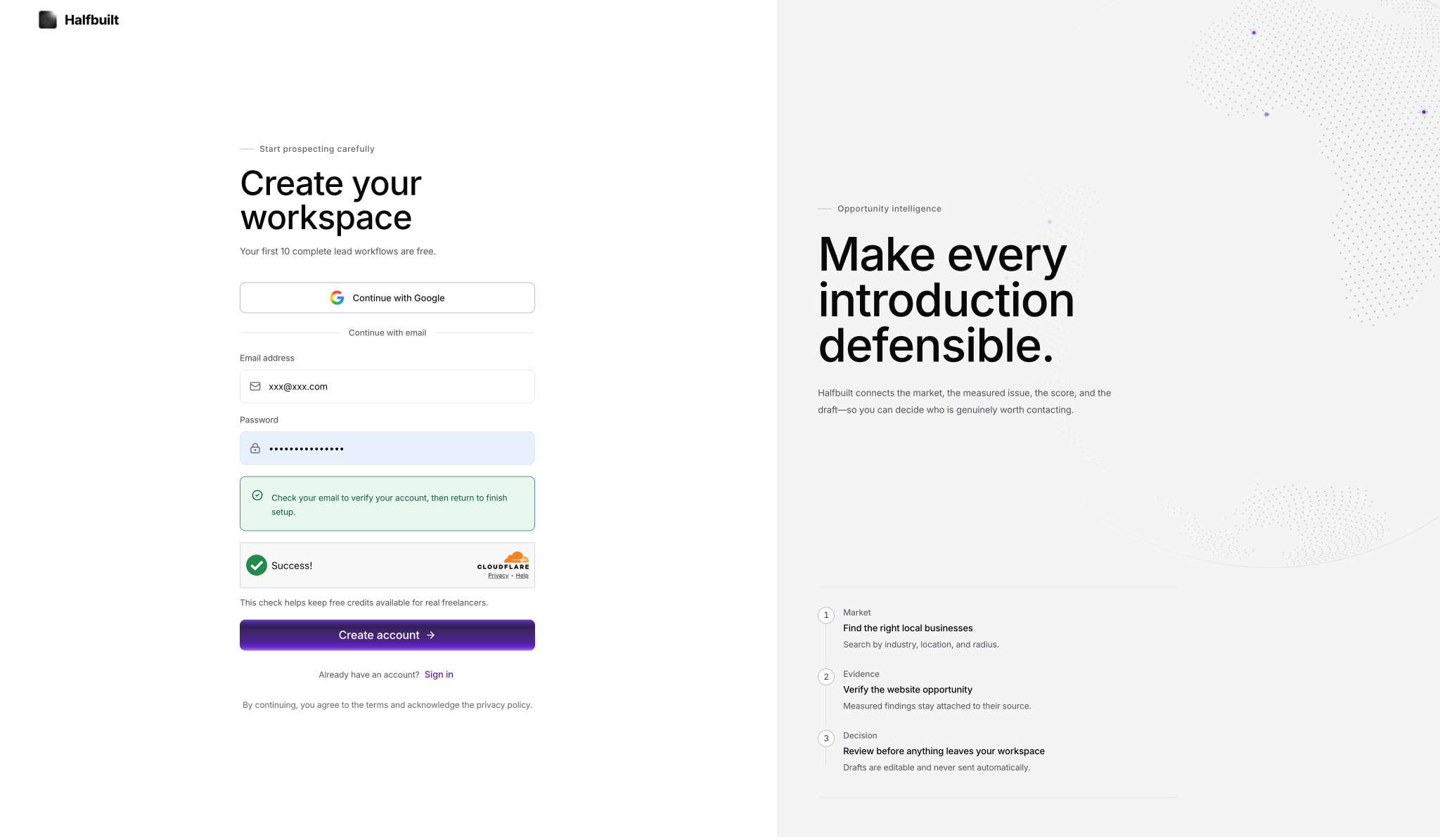 Split-view authentication page with email registration form, gradient CTA button, and marketing hero with dotted pattern background and numbered feature list. captured website design