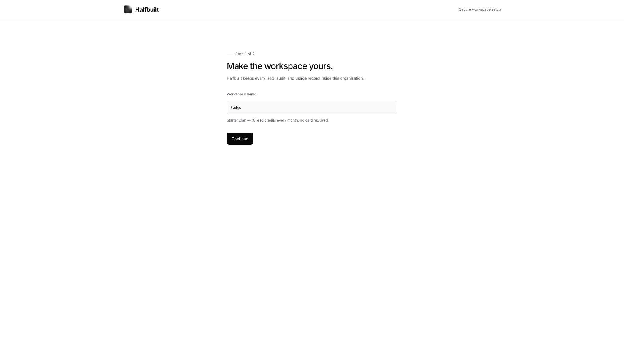 Onboarding step one form with single workspace name input, plan caption, and a solitary Continue button beneath a step indicator. captured website design