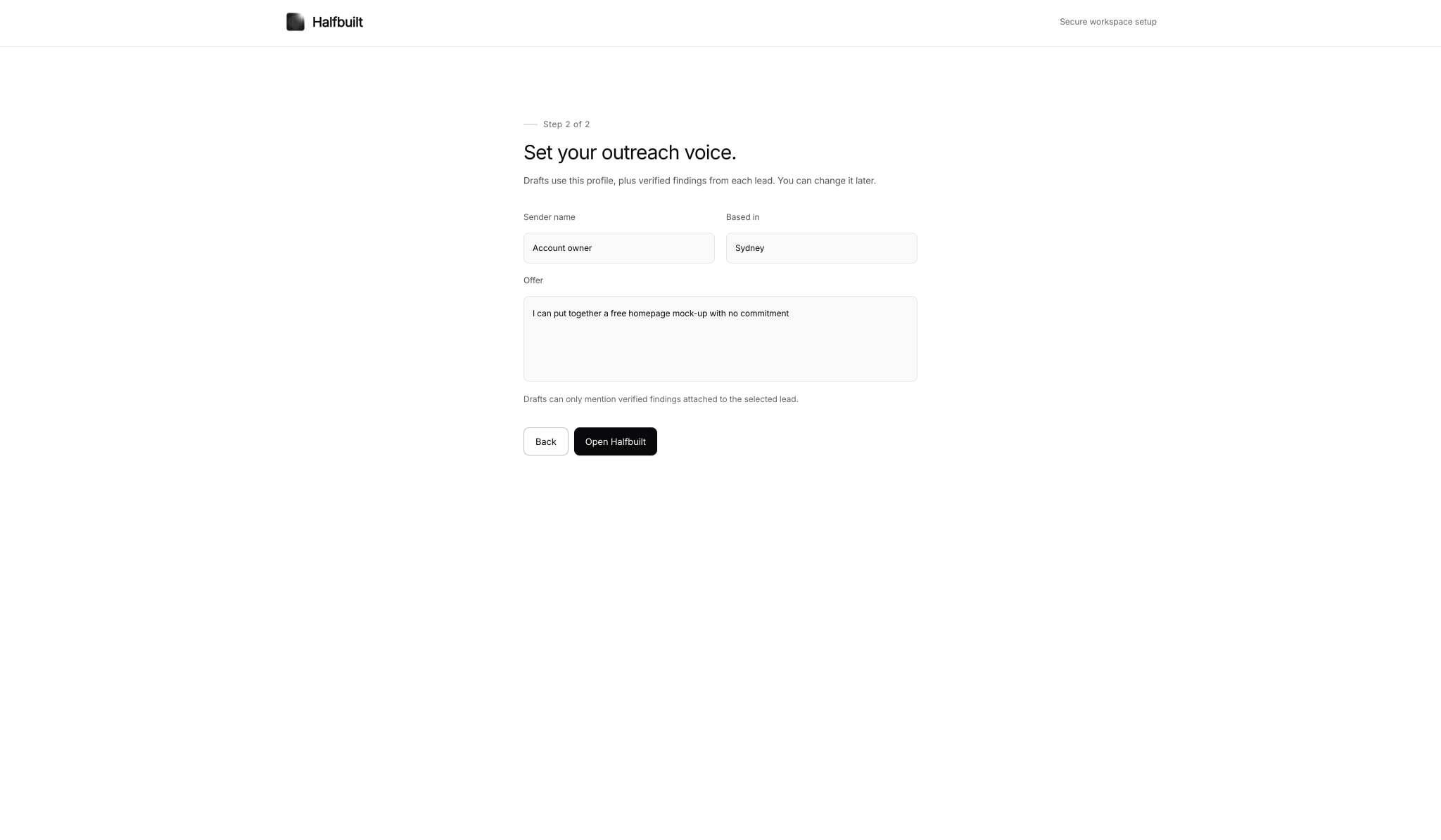 Onboarding step two form with dual text inputs, large textarea, and paired Back and primary action buttons beneath a step indicator. captured website design