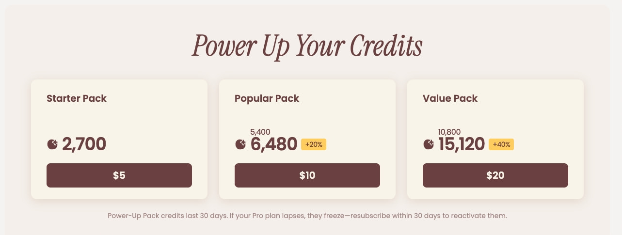 Credit pack cards with cream backgrounds, large serif display title 'Power Up Your Credits', and dark mauve action buttons with percentage badges captured website design