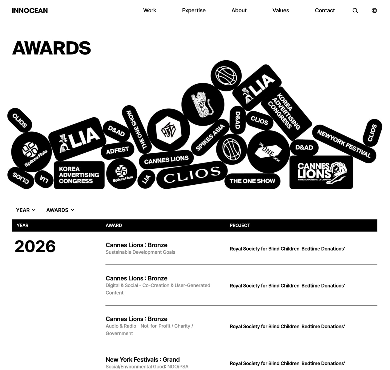 Hero section with large AWARDS display type and scattered black award logos above a filterable data table. captured website design