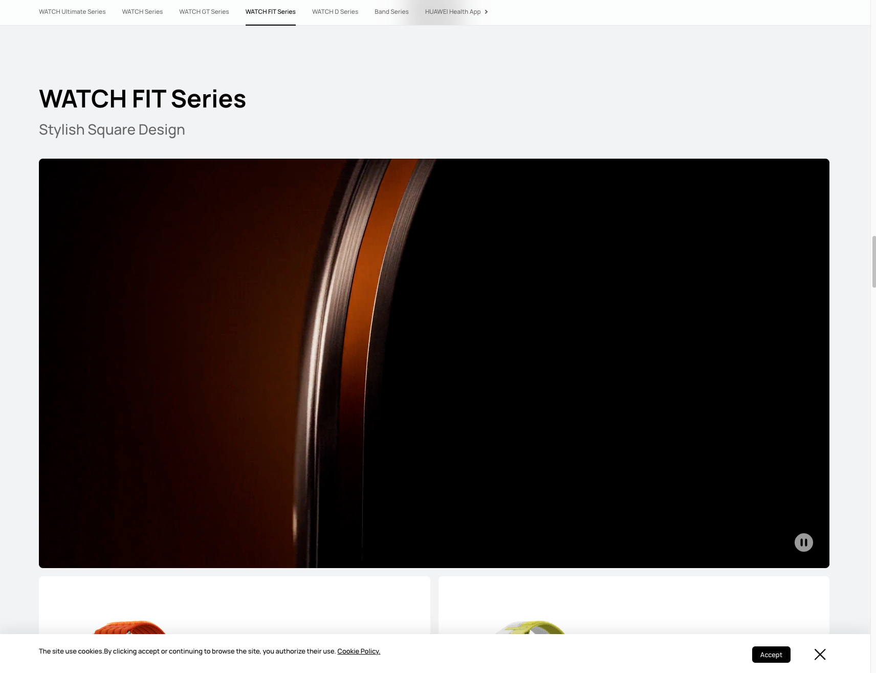 WATCH FIT Series section with tab navigation, large product video hero, and cookie consent banner with Accept button. captured website design