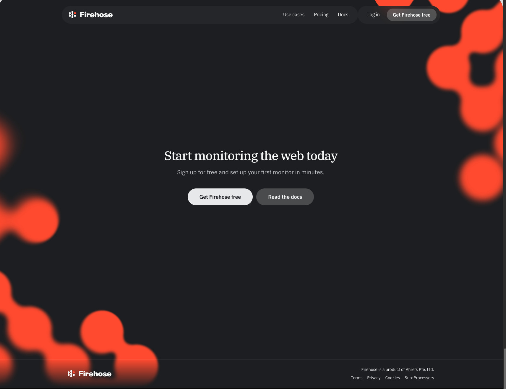 Dark hero section with centered serif headline, pill-shaped CTA buttons, and abstract red-orange blob decorations in corners captured website design