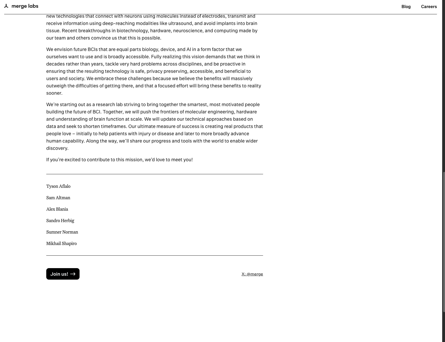 Blog article body with team roster, horizontal rule dividers, and a dark Join us button with right arrow icon captured website design