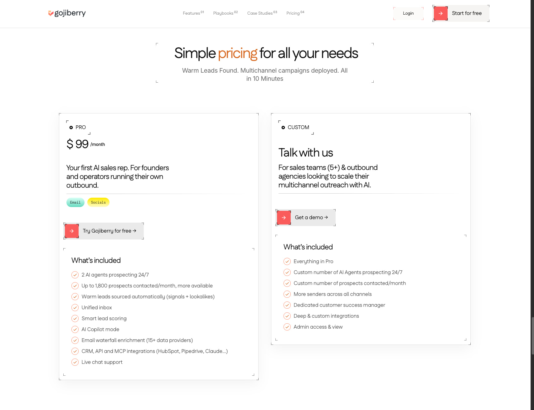 Pricing section with two-column layout showing Pro and Custom plans, feature lists with checkmarks, and gradient tags captured website design