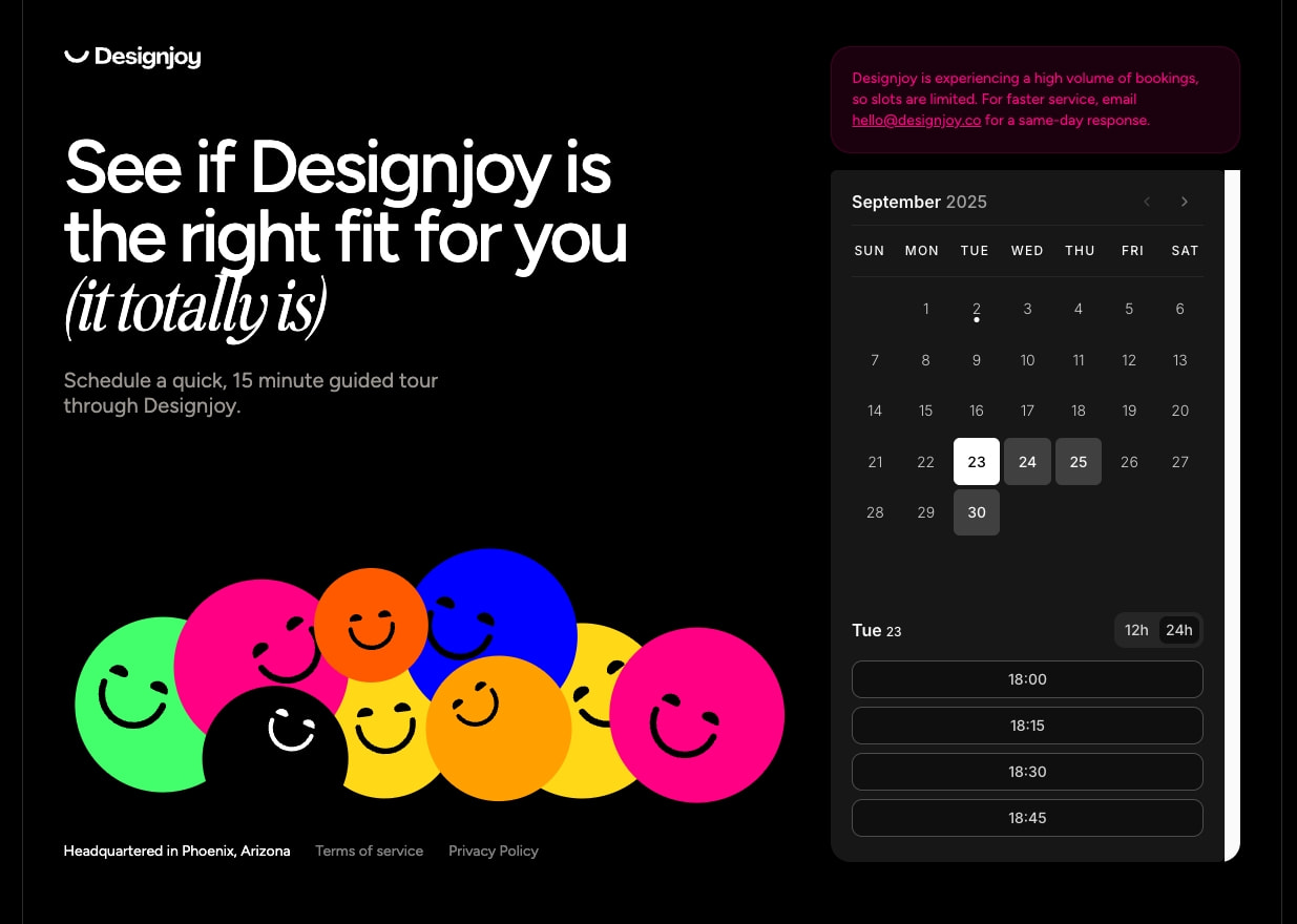 Dark booking page with white headline, italic script subhead, colorful smiley face cluster, and calendar widget with pink notification banner captured website design
