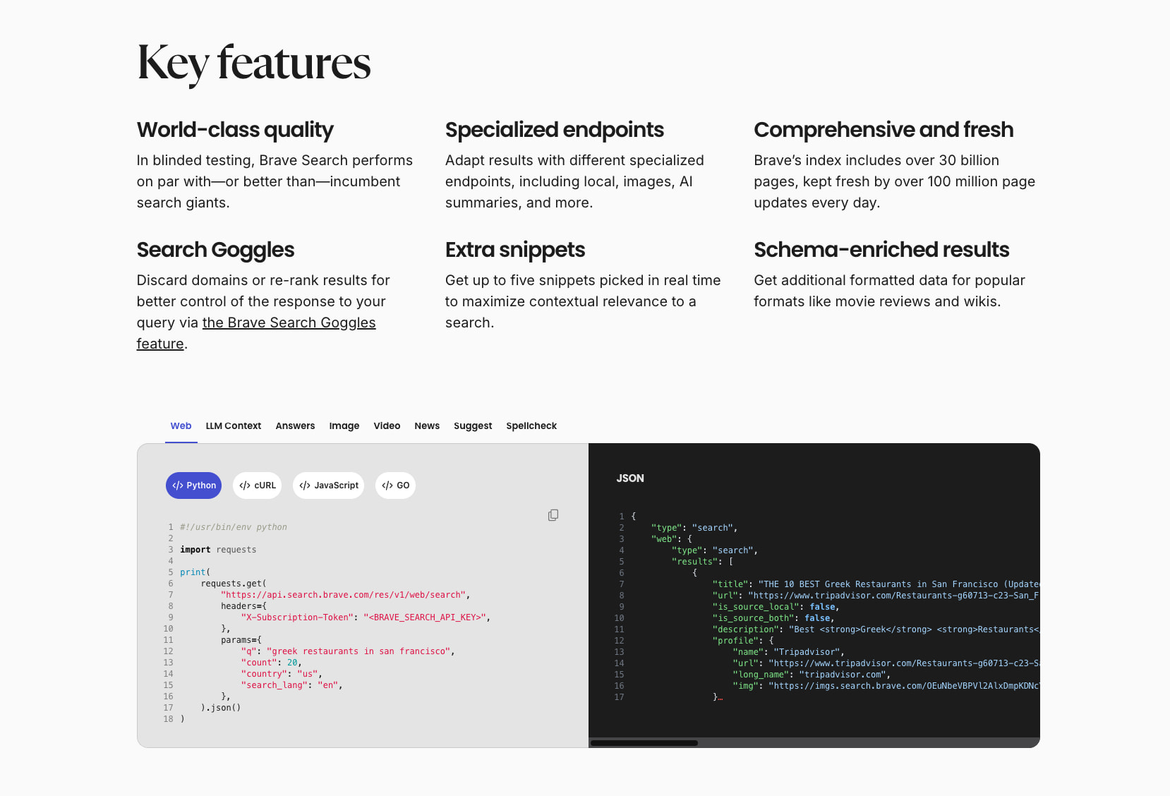 Brave Search API | Brave captured website design