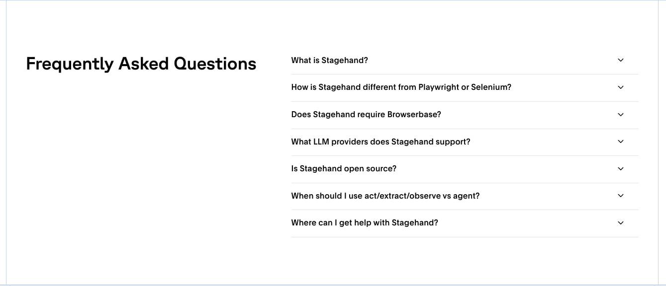 FAQ accordion section with left-aligned heading and stacked question rows with chevron indicators captured website design