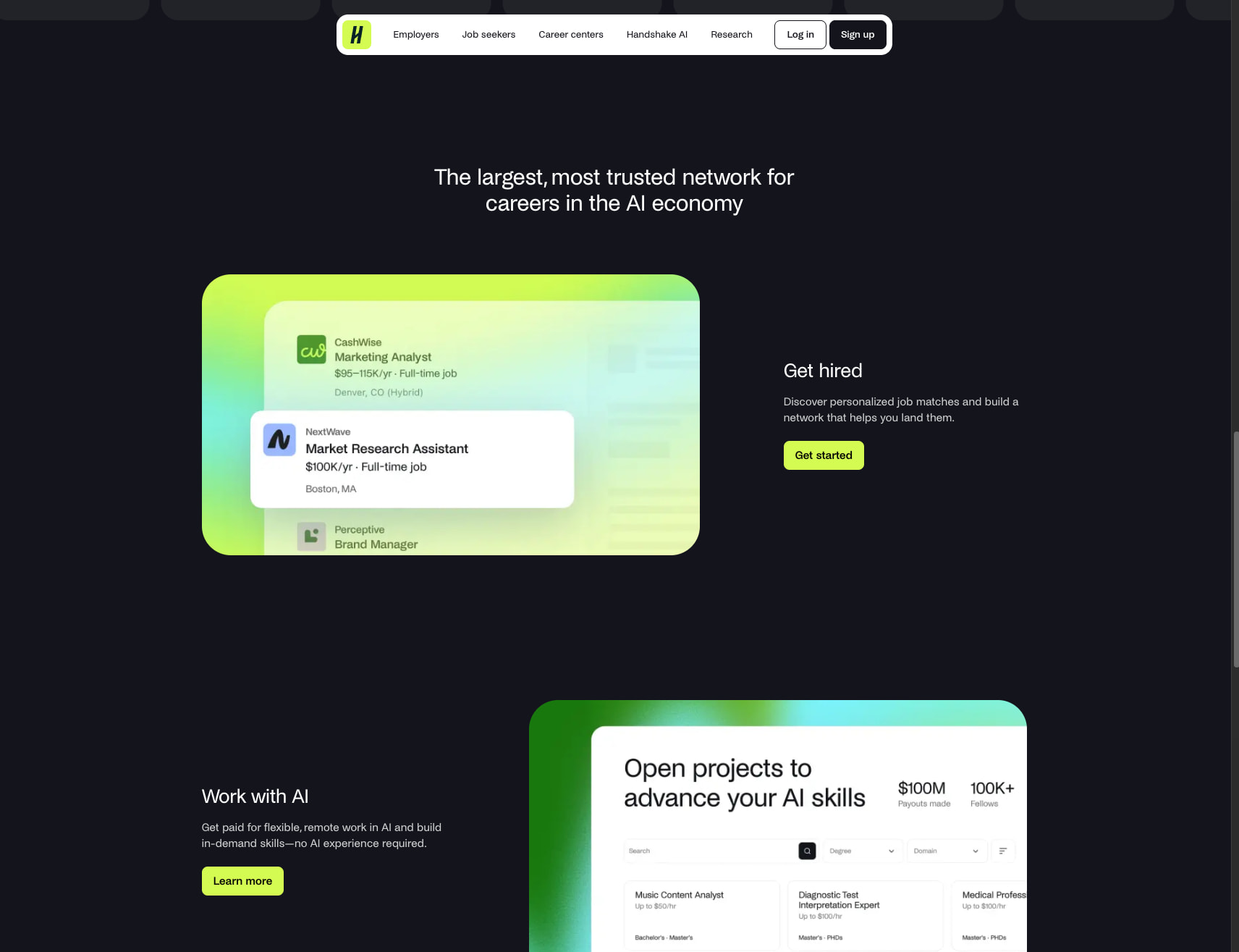 Handshake: the career network for the AI economy captured website design