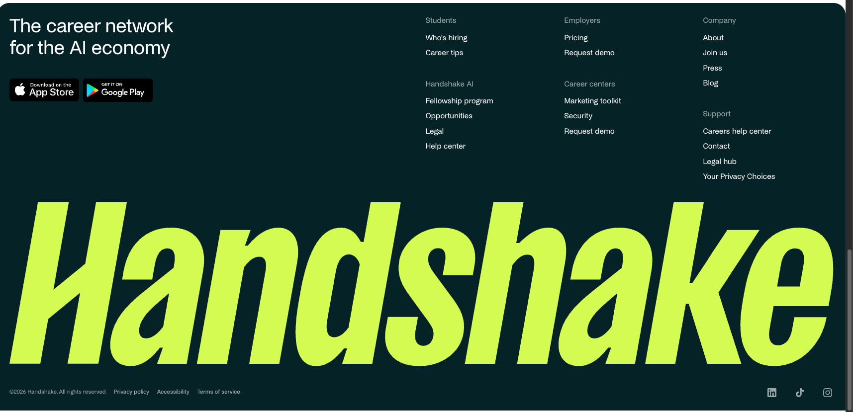 Footer section with massive lime-green Handshake logotype spanning full width against dark teal background, with organized link columns above and app store badges in the corner captured website design