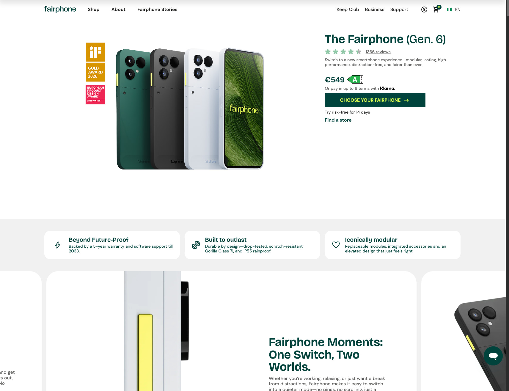 Switch to fair. Switch to The Fairphone (Gen. 6). captured website design
