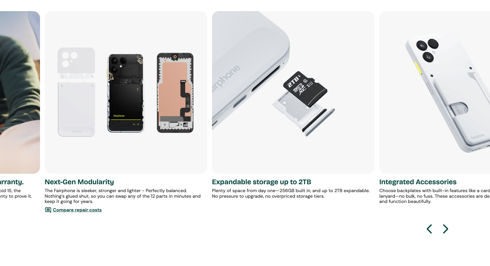 Feature carousel cards showing modularity, expandable storage, and integrated accessories with rounded image containers and dark green headings. captured website design