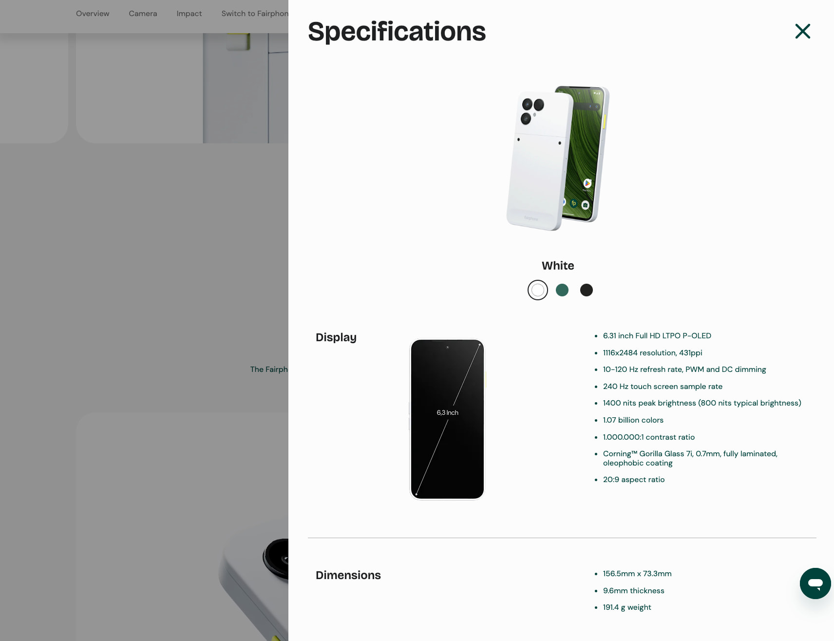 Specifications modal overlay showing product color selector, display details, and dimensions list with white background and dark green text. captured website design