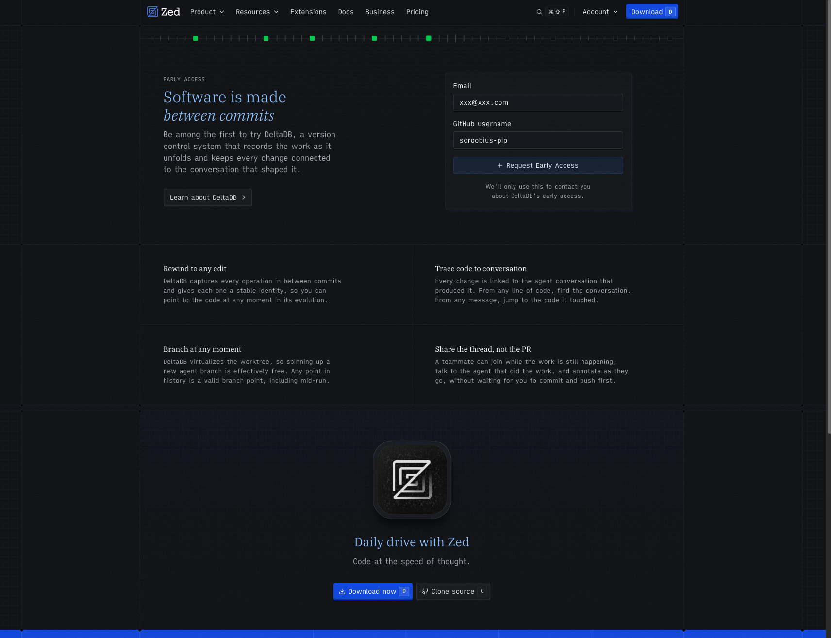 Dark early-access hero with serif headline and form card captured website design