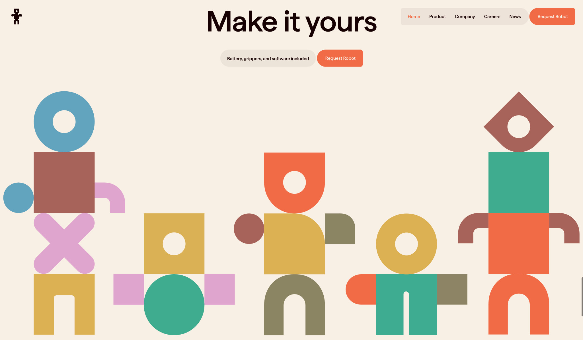 Homepage hero with oversized display typography and pill-shaped CTA buttons above colorful geometric shapes captured website design