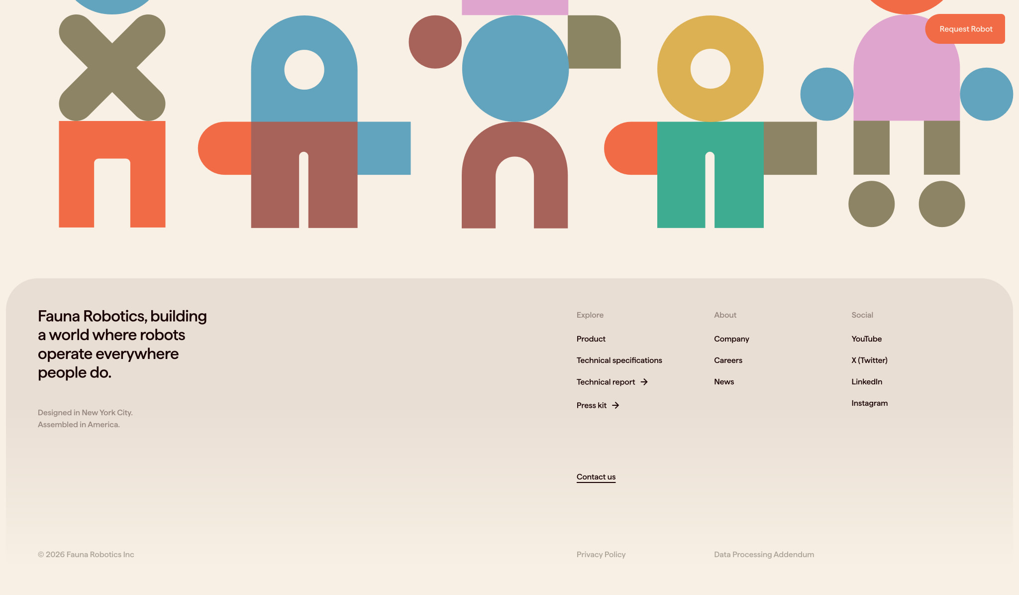 Homepage footer with geometric robot illustrations and multi-column navigation on beige surface captured website design