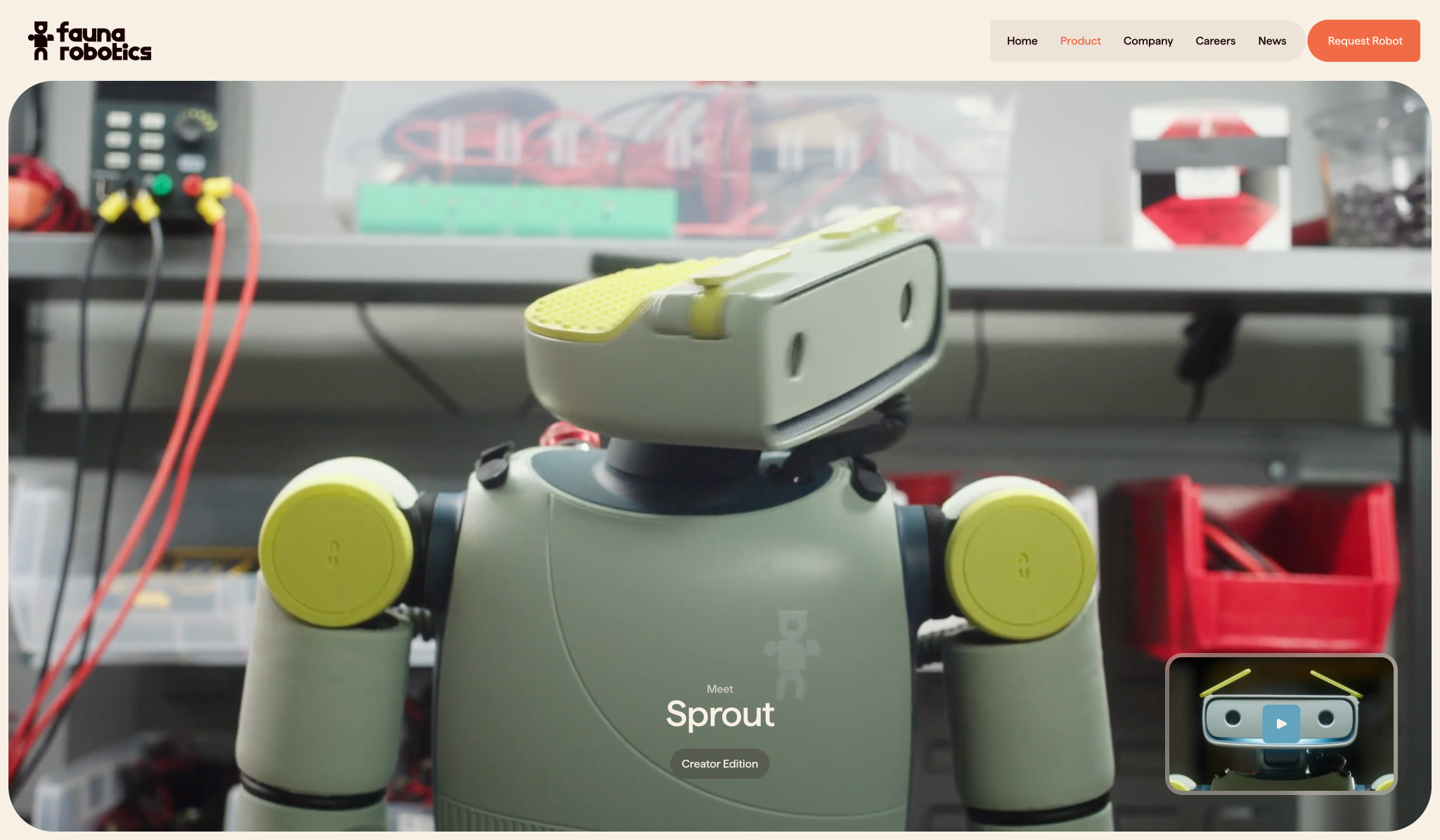 Product page video hero showing Sprout robot with overlaid title and floating video thumbnail captured website design