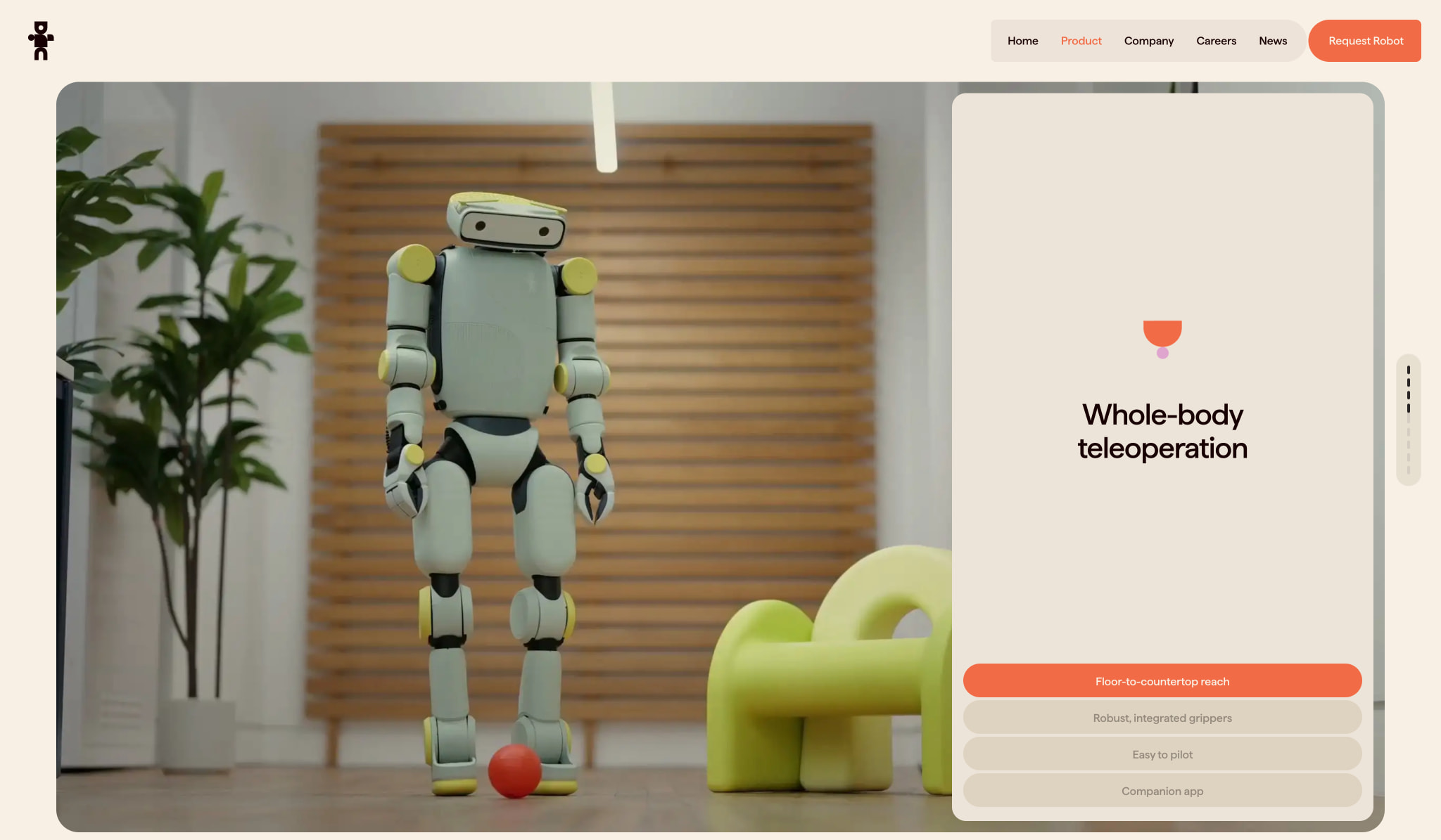Product page hero with humanoid robot photograph and feature selection panel on warm cream canvas captured website design