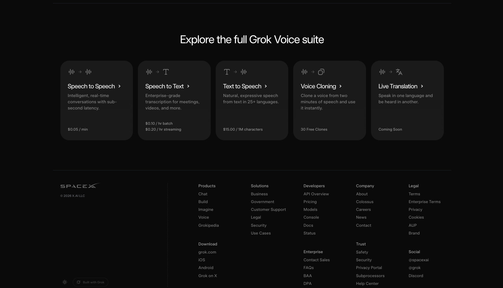 Voice Agent Builder: Create Your Own Voice Agent in Under 2 Minutes | SpaceXAI captured website design