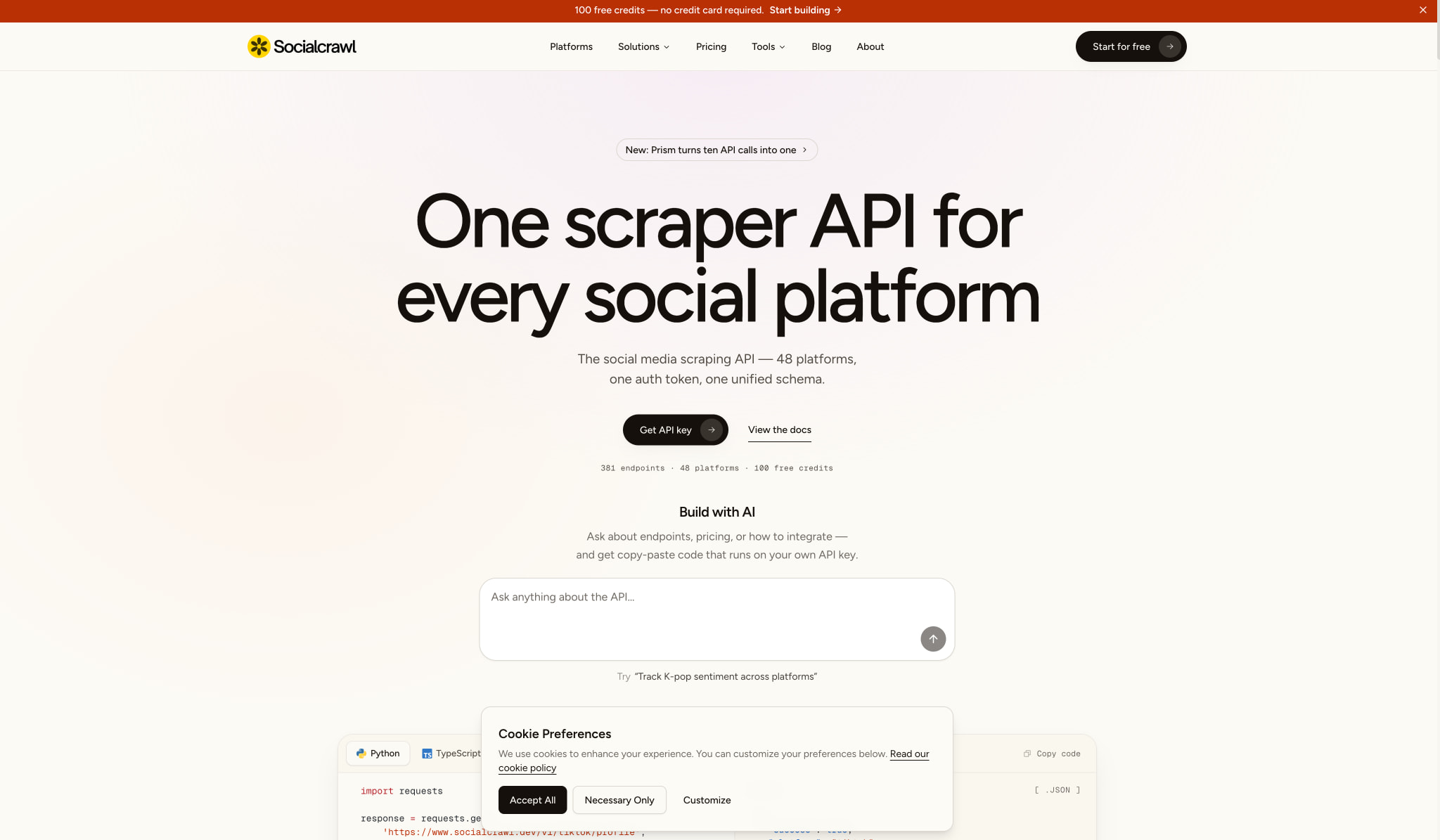 Social Media Scraper API: 48 Platforms | SocialCrawl captured website design