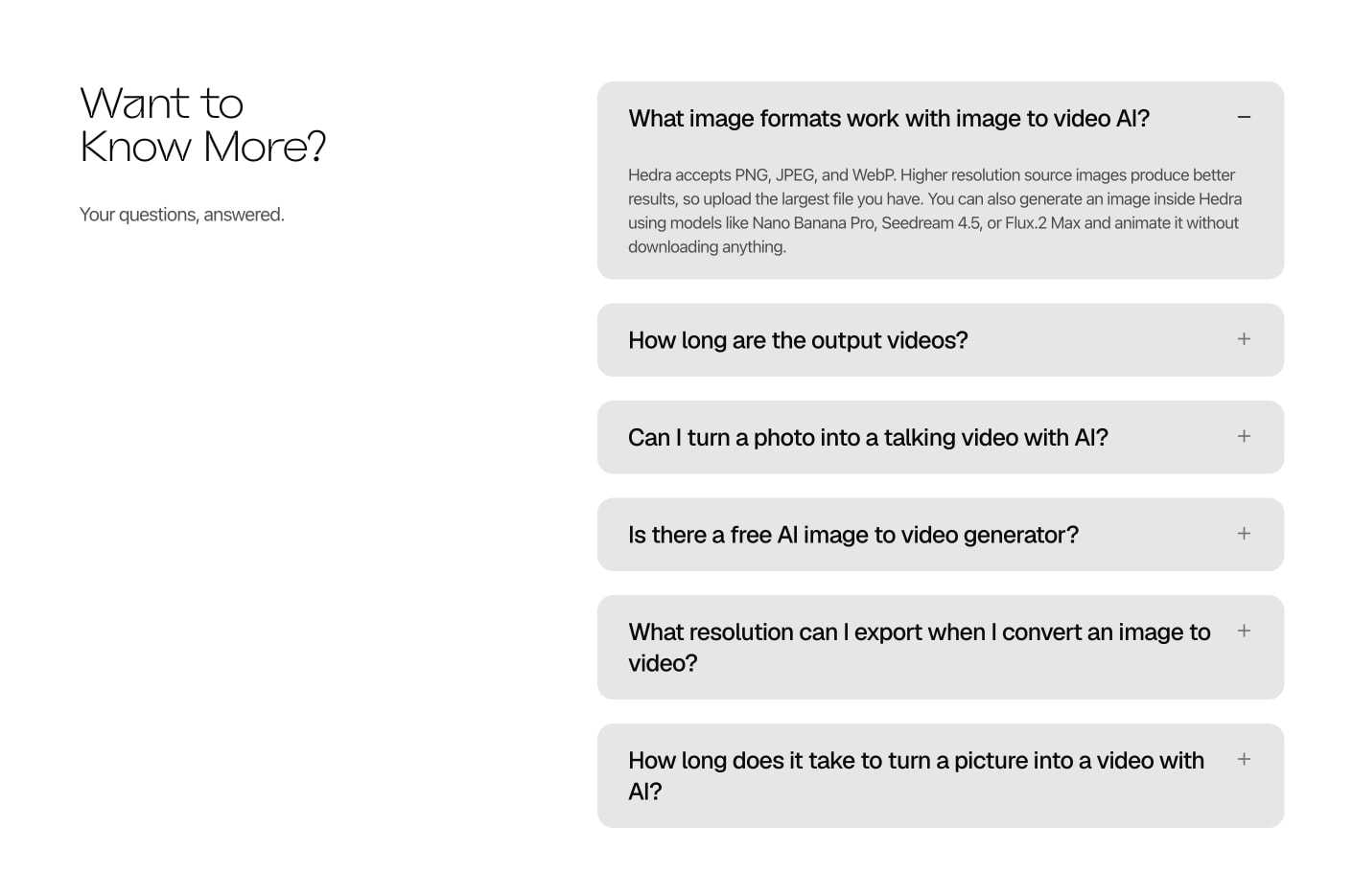 Light FAQ section with expanded accordion item showing body text in gray rounded panels captured website design