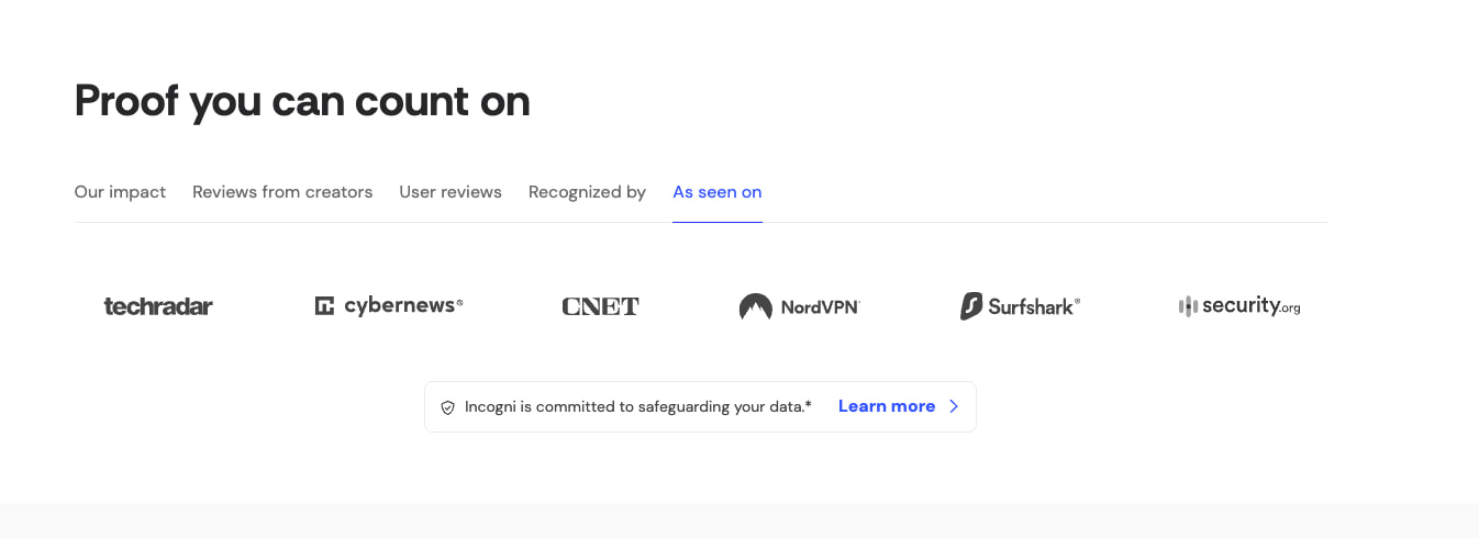 Social proof section with tabbed navigation, media partner logos, and trust badge with shield icon on white background captured website design