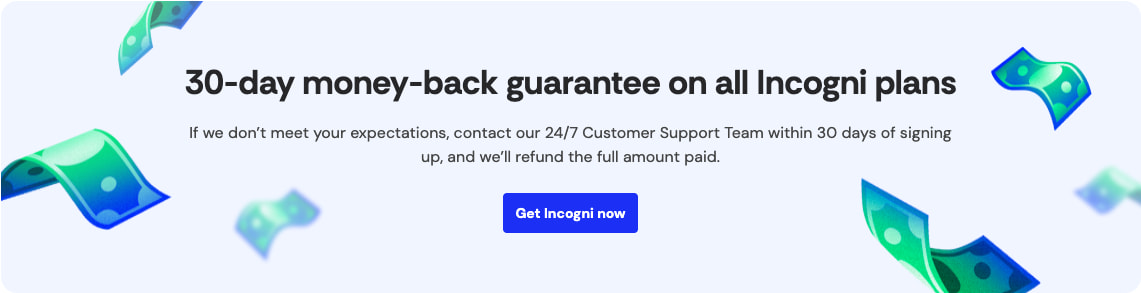 Money-back guarantee banner with floating currency illustrations, centered headline, and blue CTA button on pale blue background captured website design