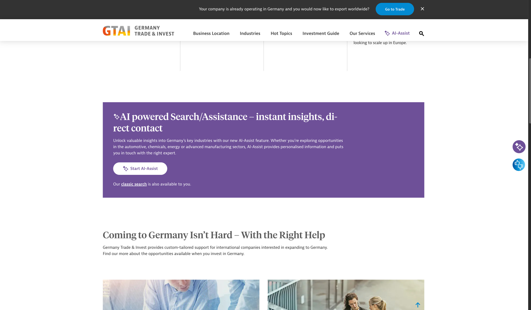 Hero banner with AI-Assist feature promotion, navigation bar, and page heading with supporting imagery captured website design