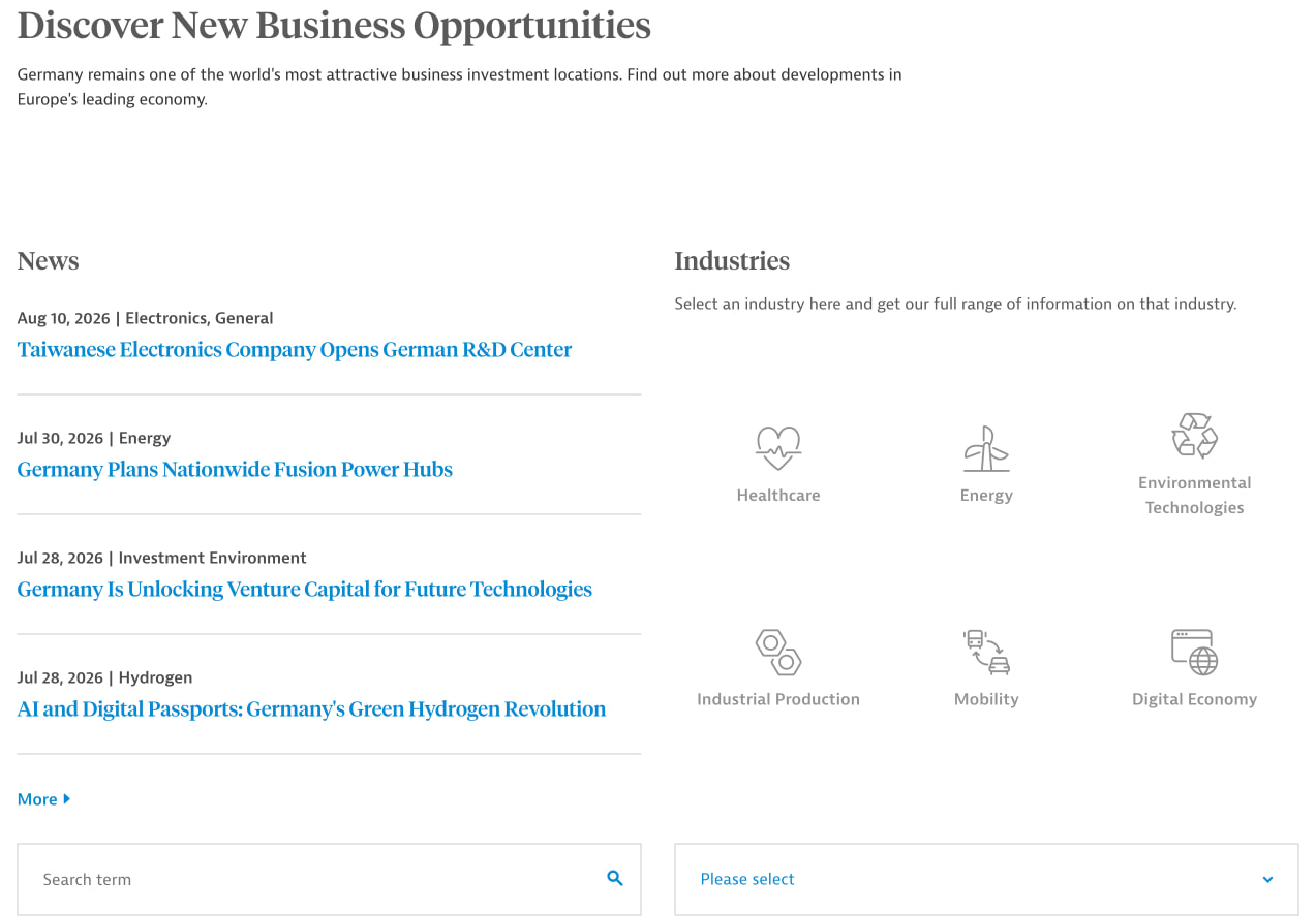 News and Industries section with article headlines, category icons, and search input fields captured website design