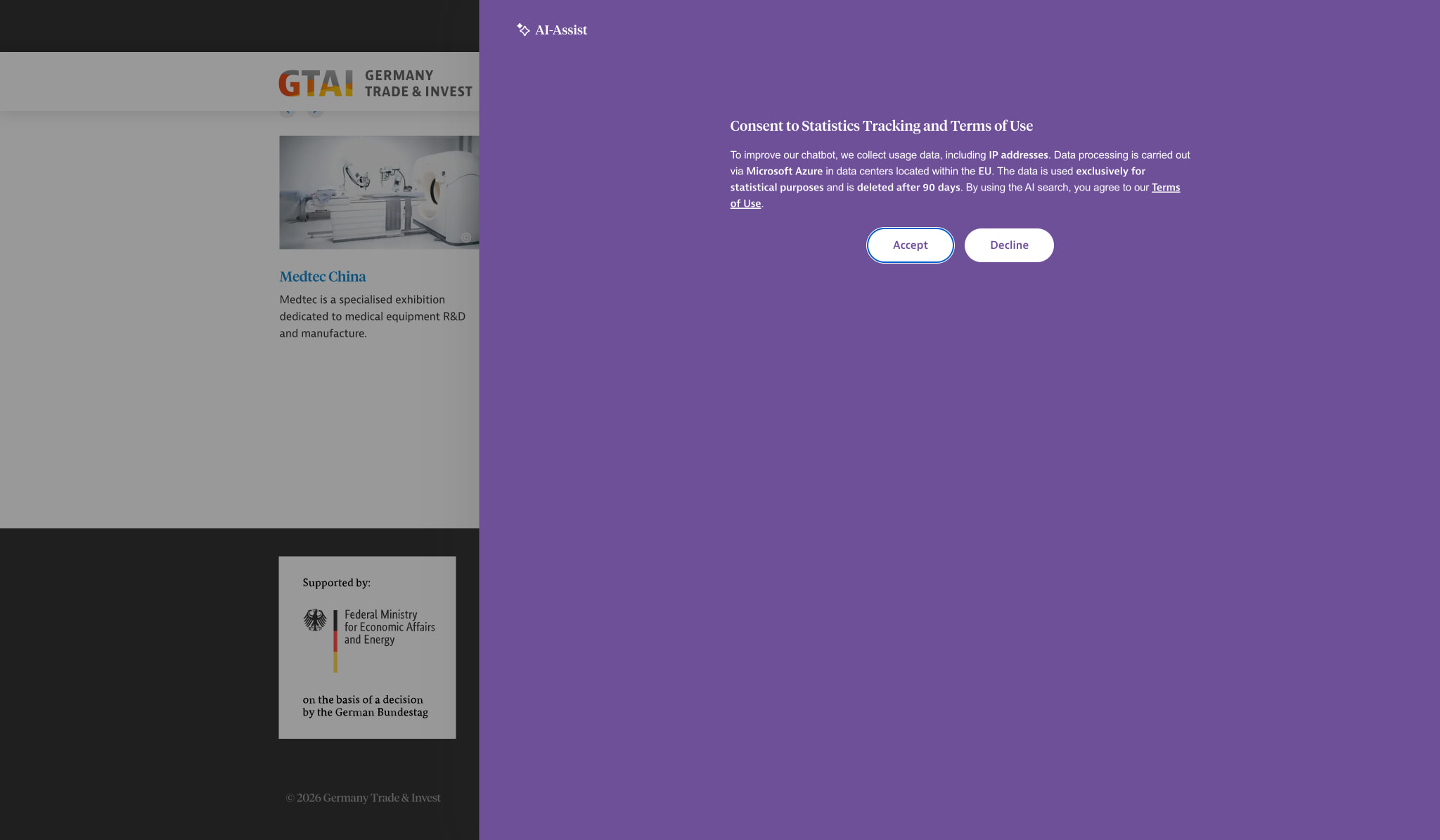Footer section with GTAI logo, Medtec China event card, and Federal Ministry partner branding on dark background captured website design