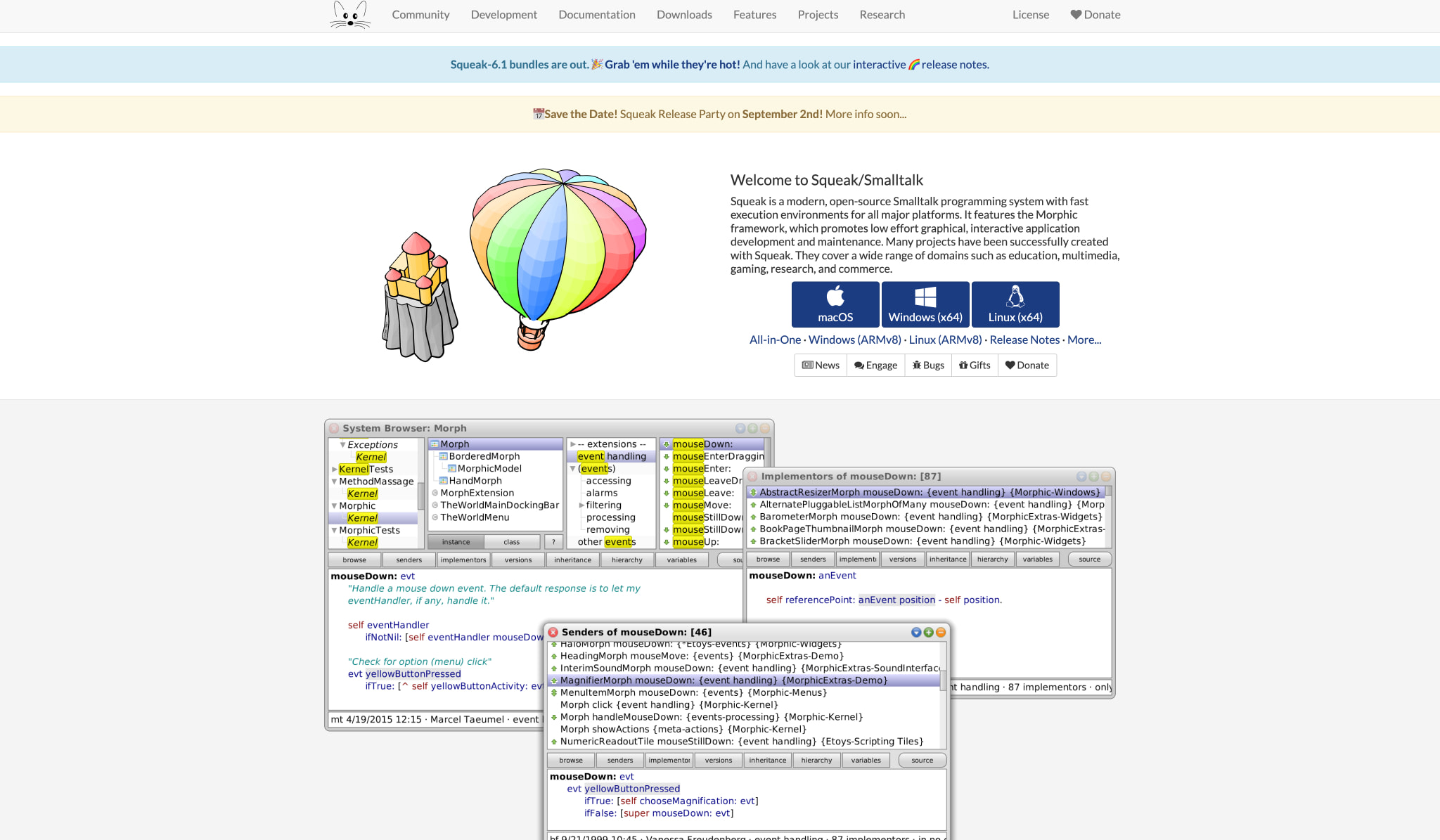 Homepage hero with Squeak balloon mascot, platform download buttons, and system browser screenshot captured website design