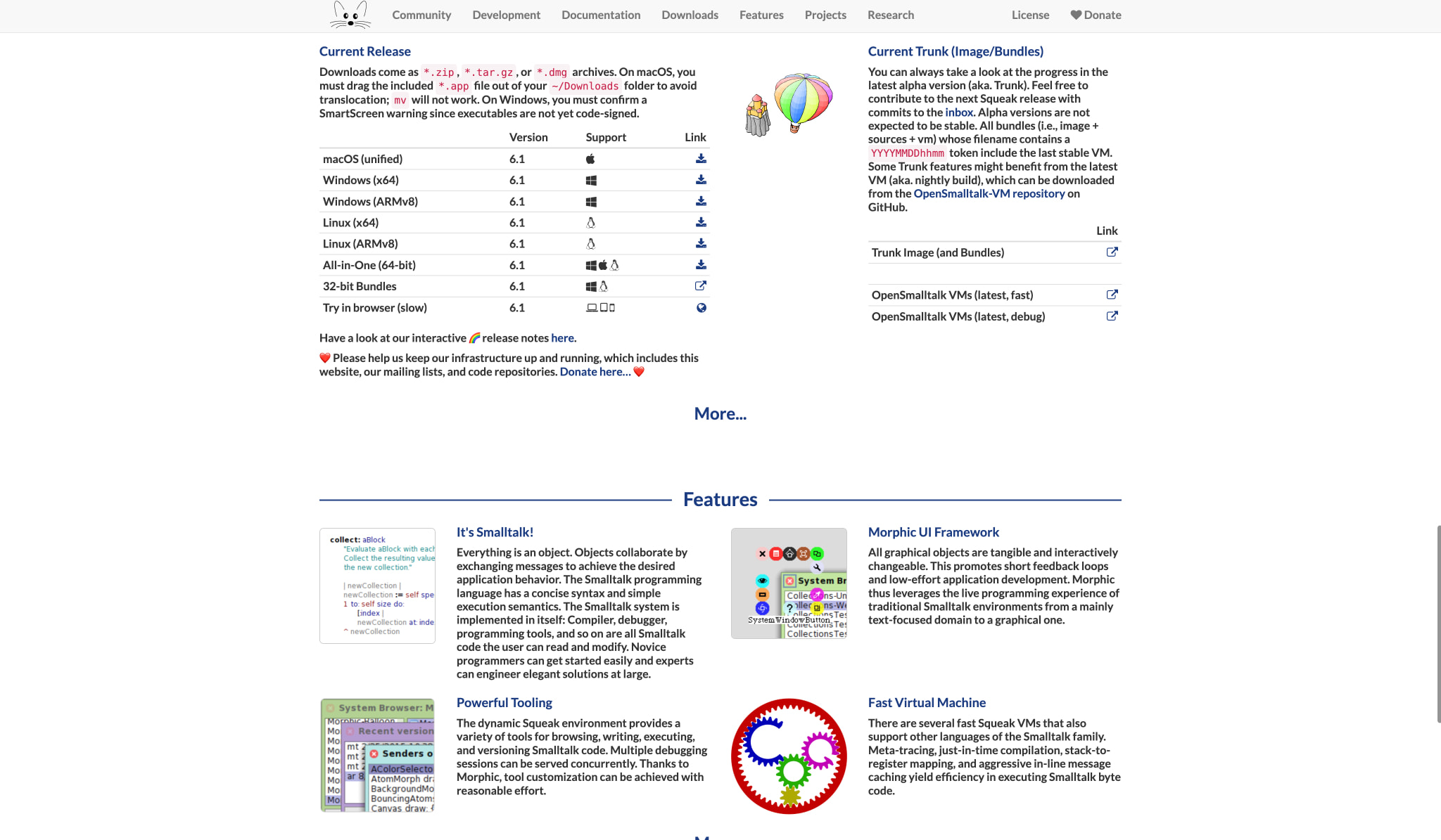 Homepage lower section with Features grid including Smalltalk, Morphic UI, and Fast VM descriptions captured website design