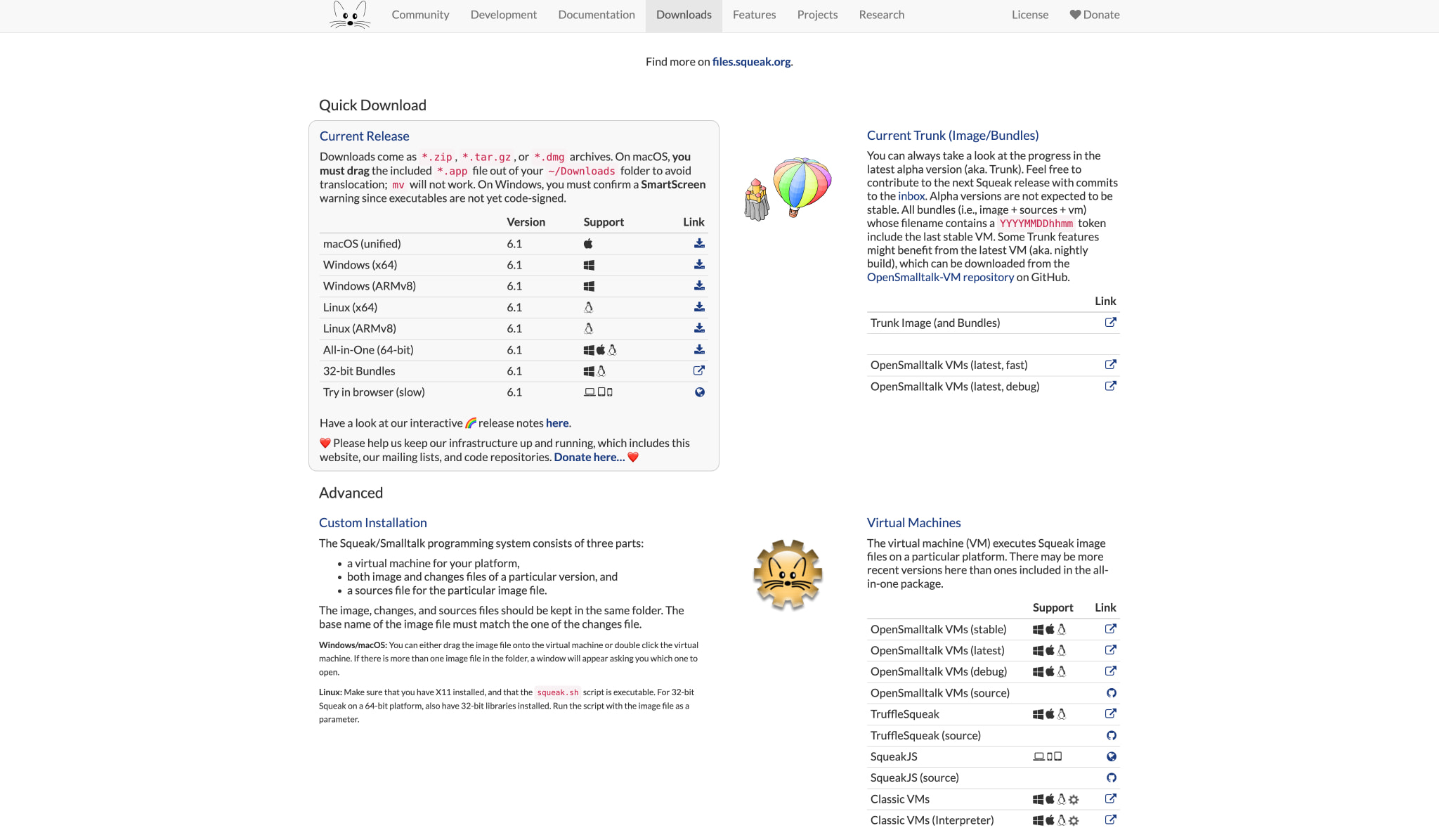 Downloads page with Quick Download table, Current Trunk section, and Virtual Machines table captured website design