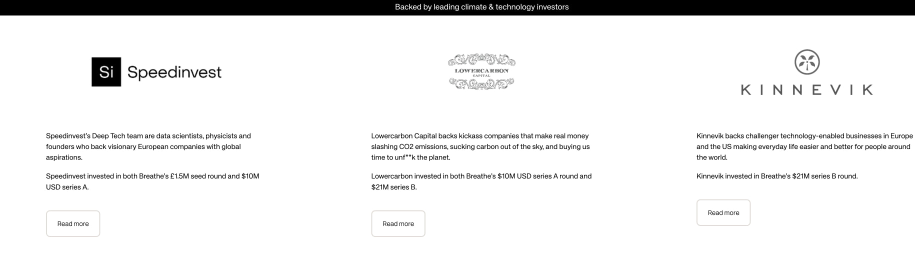 Investor showcase with three-column layout, partner logos, descriptive text blocks, and outlined buttons captured website design