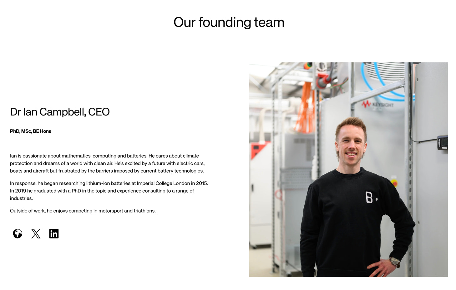 Team section header with centered display heading above CEO profile with laboratory environment portrait captured website design