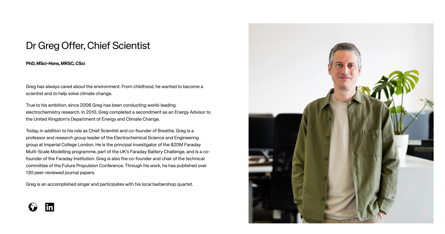 Founding team member profile with large portrait photograph, academic credentials, and social links against clean white background captured website design