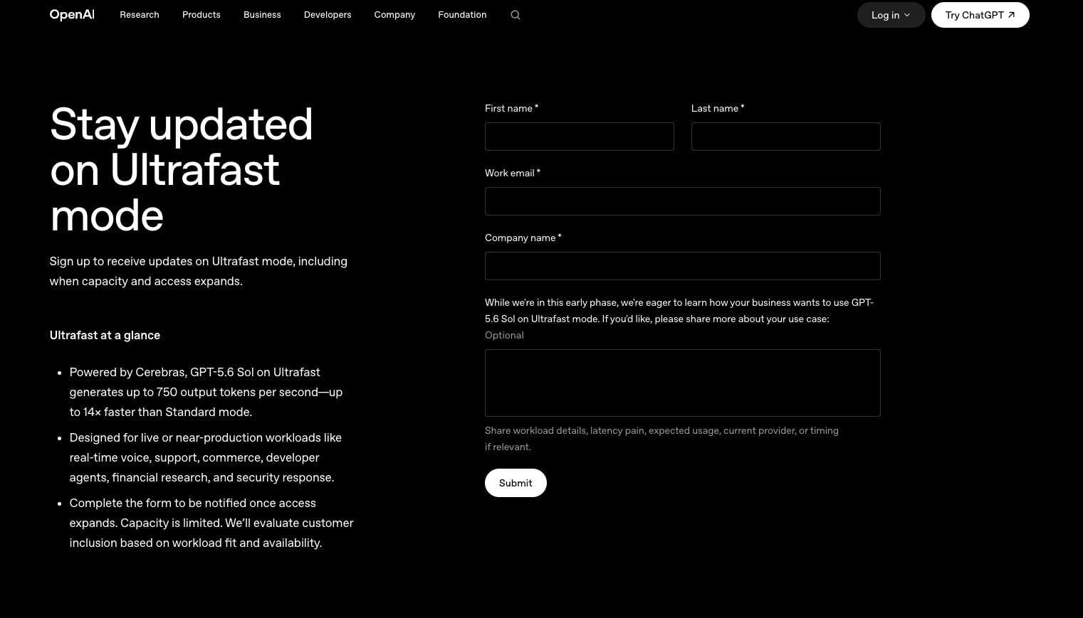 OpenAI Ultrafast interest form | OpenAI | OpenAI captured website design