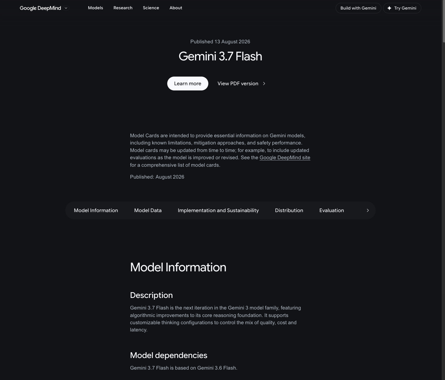 Gemini 3.7 Flash - Model Card — Google DeepMind captured website design
