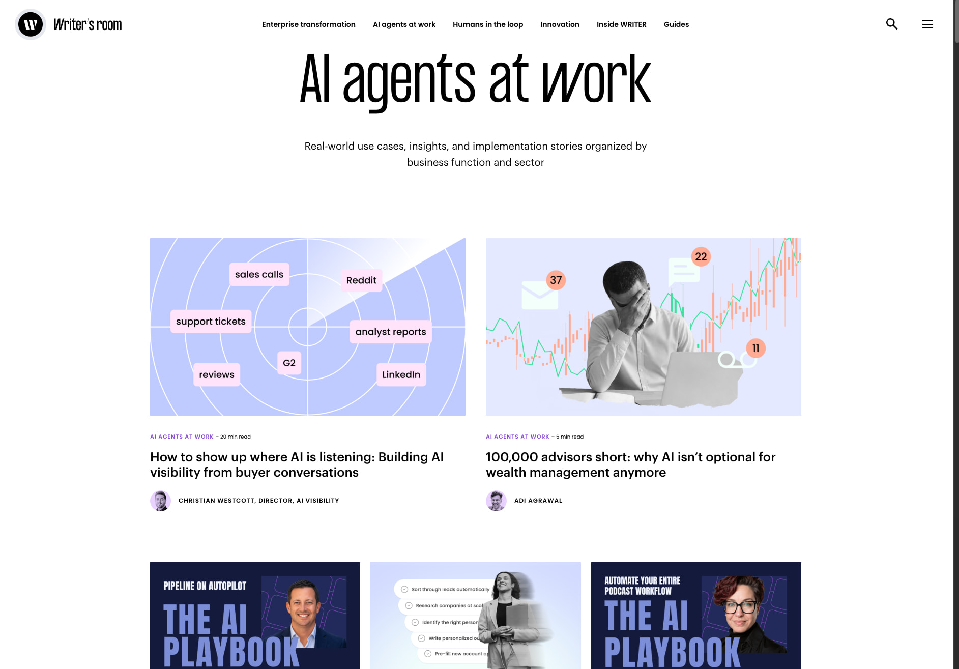 AI agents at work articles - Writer's Room captured website design