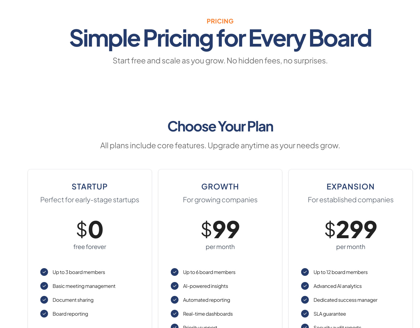 Pricing page hero with three-tier card layout showing Startup, Growth, and Expansion plans with orange accent labels and navy typography captured website design