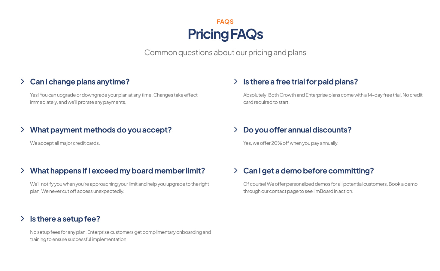 FAQ accordion section with two-column layout, orange section label, and expandable question items with navy chevron indicators captured website design